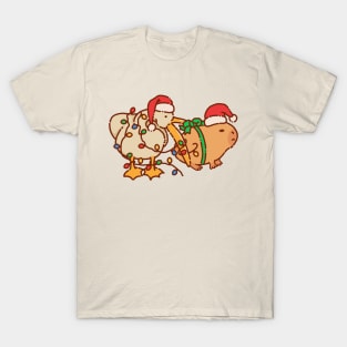 Pelican eats capybara, Merry Christmas, lights and red hat T-Shirt